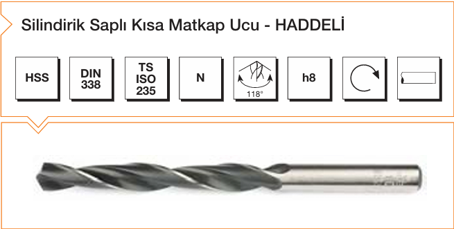 Silindirik Saplı Kısa Matkap Ucu HSS Haddeli